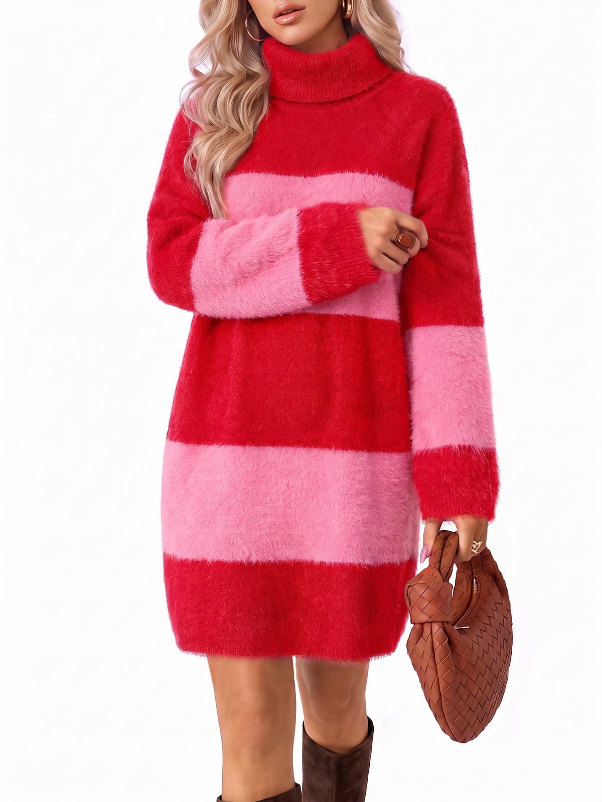 Wenrine Women Oversized Striped Sweater Dress Fall Long Sleeve Knit Dresses