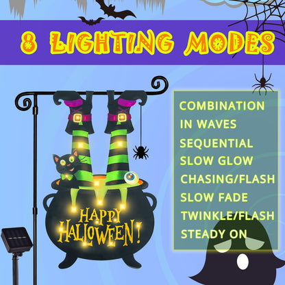 Halloween Lighted Garden Flag for Outside, LED Solar Yard Flag 8 Modes Witch Feet Shape Flag, 28x40 Double Sided Cauldron Eyeball Black Cat Decorations for Home Porch