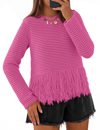 MEROKEETY Women's Fall Fashion Crochet Fringe Sweater Tops Boho Pullover