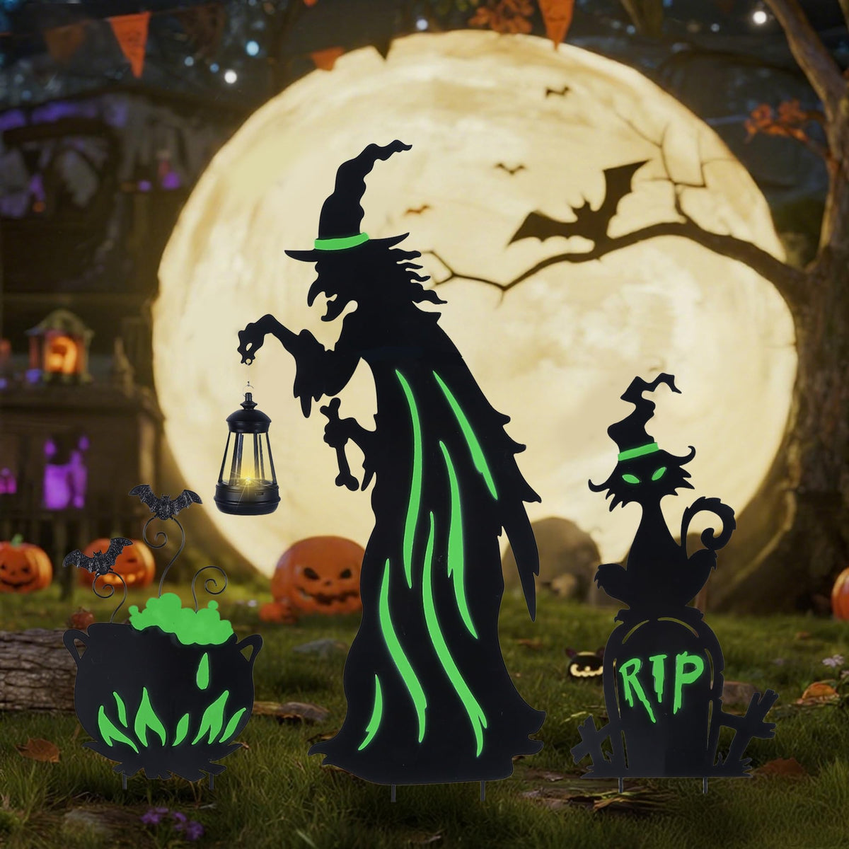 Prsildan 3 Pack Halloween Decorations Outdoor Solar Lighted Boo Yard Sign | Waterproof Metal Lawn Stakes, Solar-Powered, Bats, Cat & Ghost, for Front Yard, Porch, Garden, Spooky Halloween Party Decor
