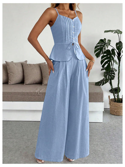 SOLY HUX Women's 2 Piece Outfit Button Down Peplum Cami Wide Leg Pants Set