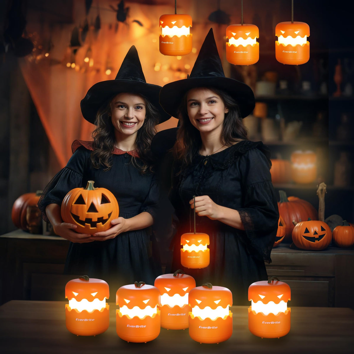 Everbrite 6-Pack Halloween Pumpkin Lantern, Collapsible Jack O Lantern Pumpkins with Lanyard, Halloween Party Favors, Light Up Pumpkin Outdoor for Halloween Party Decoration, Battery Included
