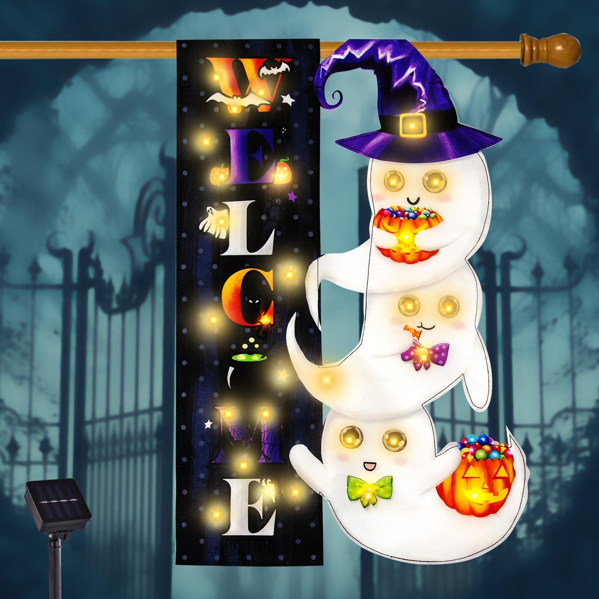 Halloween Lighted Garden Flag for Outside, LED Solar Yard Flag 8 Modes Witch Feet Shape Flag, 28x40 Double Sided Cauldron Eyeball Black Cat Decorations for Home Porch
