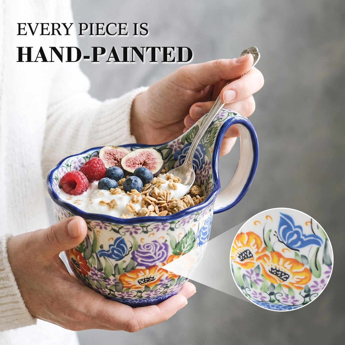 Alma Handpainted Microwavable Soup Bowl with Loop Handle 18.6Oz, Cereal Bowl with Handle