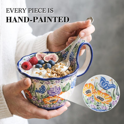 Alma Handpainted Microwavable Soup Bowl with Loop Handle 18.6Oz, Cereal Bowl with Handle