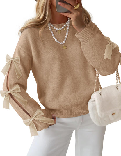ZESICA Cute Bow Long Sleeve Oversized Sweaters