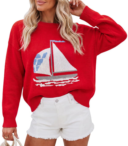 Cicy Bell Womens Graphic Sweaters Lightweight Knit Crewneck Pullover