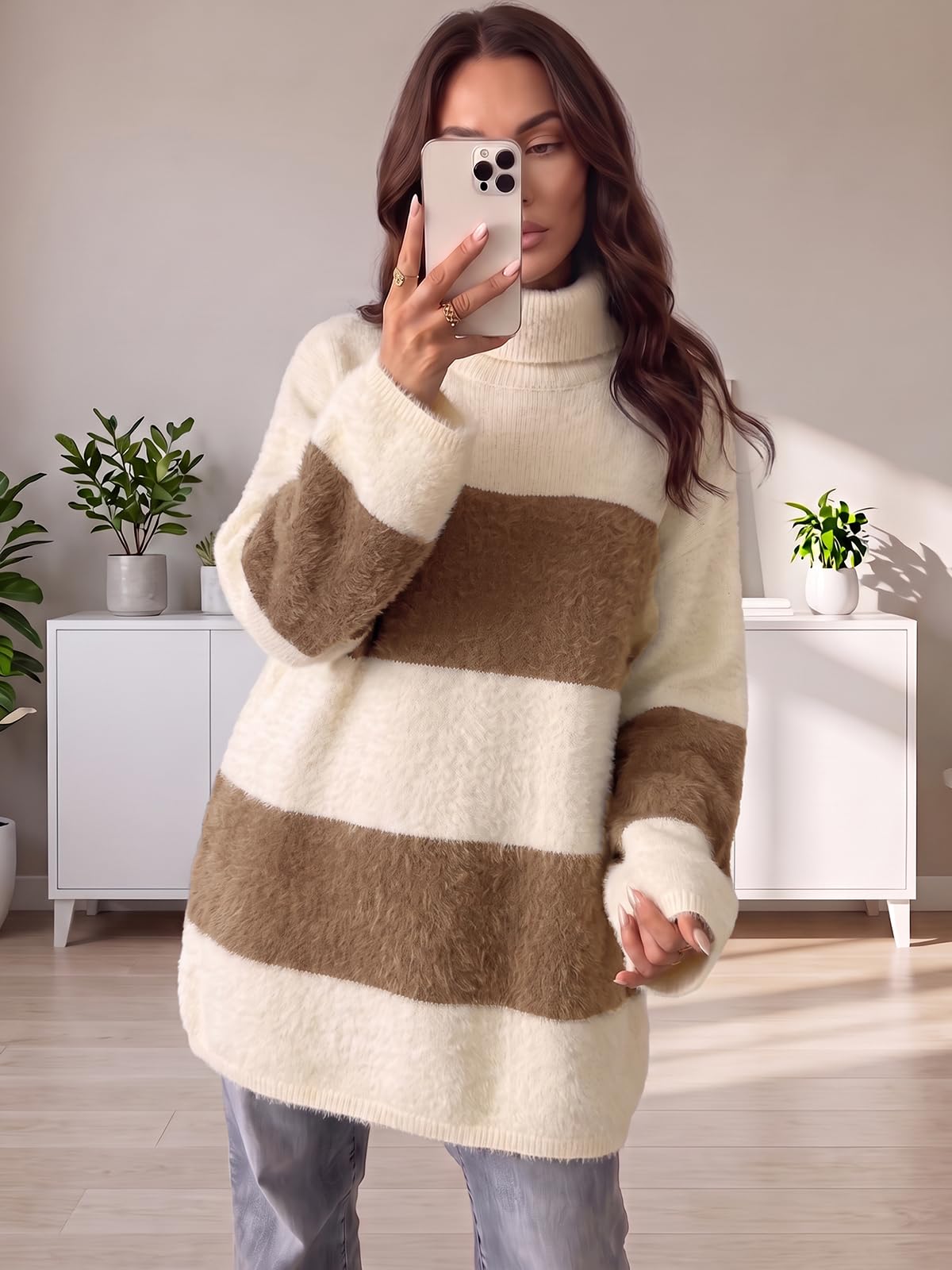 Wenrine Women Oversized Striped Sweater Dress Fall Long Sleeve Knit Dresses
