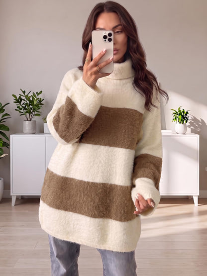 Wenrine Women Oversized Striped Sweater Dress Fall Long Sleeve Knit Dresses