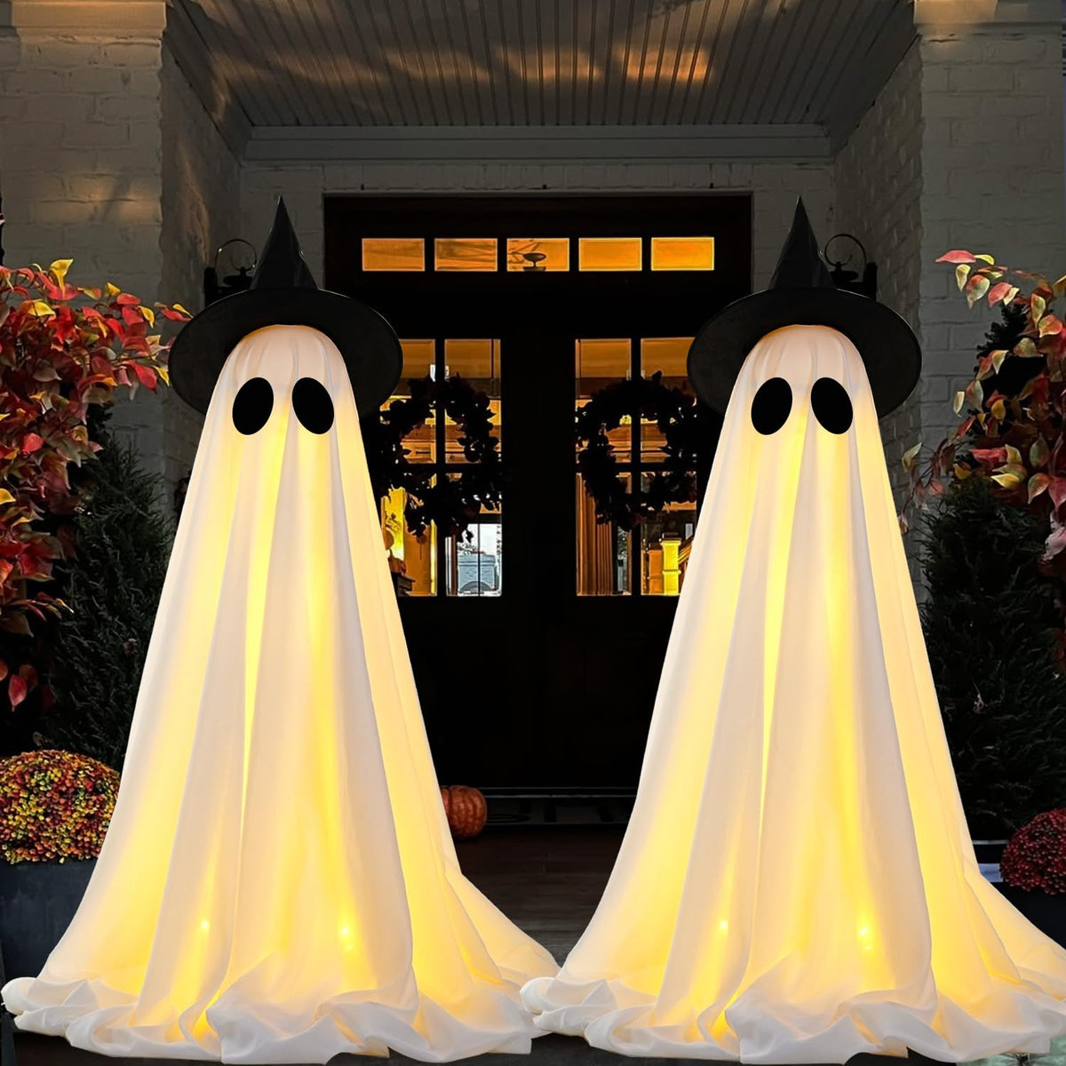 Set of 4 Halloween Hanging Ghosts, Halloween Decorations Outdoor Hanging Ghosts with Witch Hat,glowing Ghost Witch Hat Lights, Light Up Ghost Decor for Yard Patio Garden Tree Outside(4 Ghost Lighted)