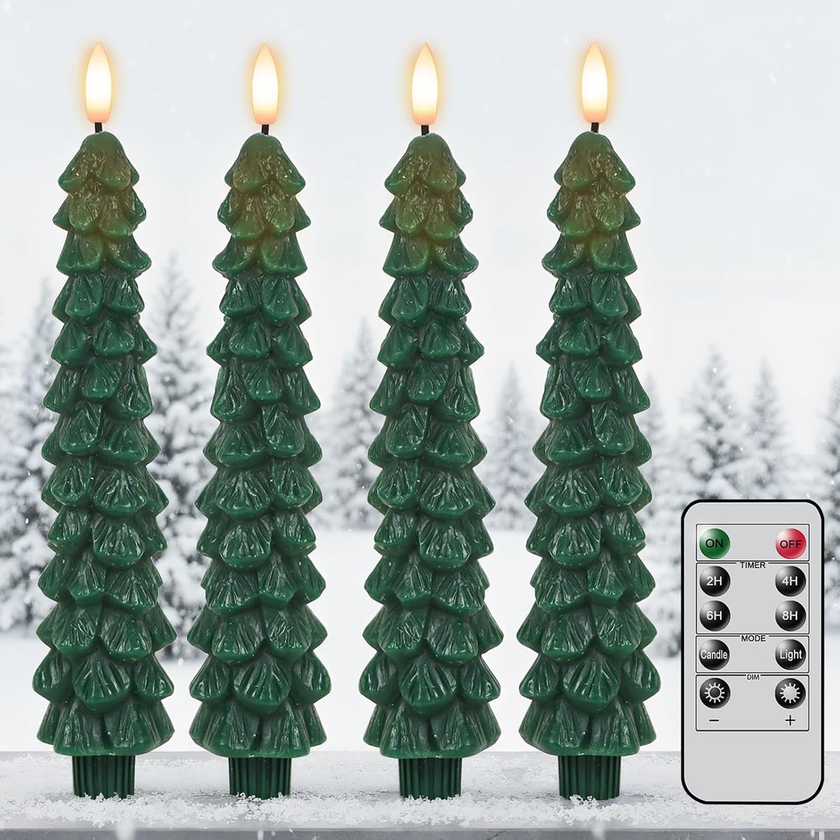 Green Christmas Tree Flameless Taper Candles Battery Operated Remote Timer