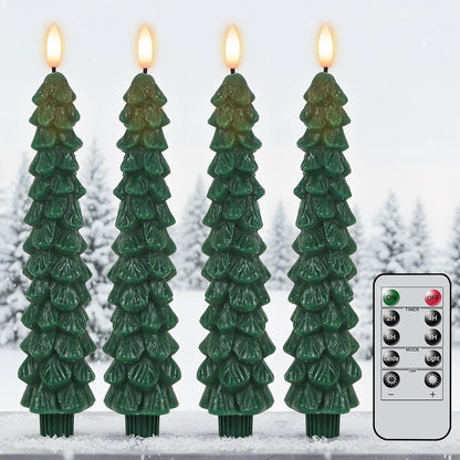 Green Christmas Tree Flameless Taper Candles Battery Operated Remote Timer