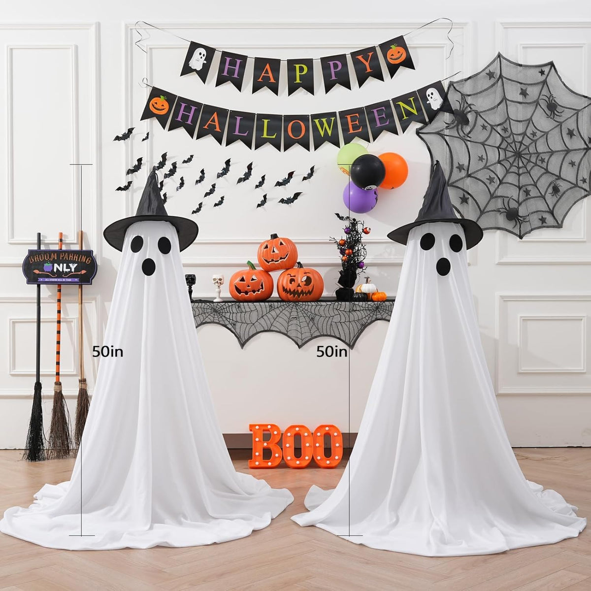Set of 4 Halloween Hanging Ghosts, Halloween Decorations Outdoor Hanging Ghosts with Witch Hat,glowing Ghost Witch Hat Lights, Light Up Ghost Decor for Yard Patio Garden Tree Outside(4 Ghost Lighted)