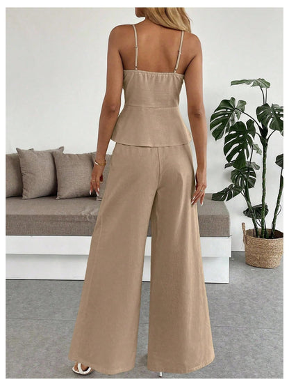 SOLY HUX Women's 2 Piece Outfit Button Down Peplum Cami Wide Leg Pants Set
