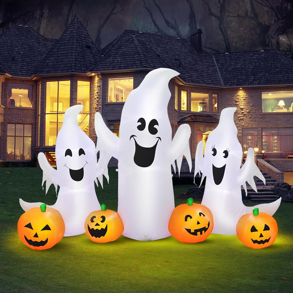 7FT Length Halloween Inflatable Ghosts and Pumpkins, 3 Ghosts Inflatables with LED Lights for Home Yard Lawn Indoor Halloween Outdoor Decoration