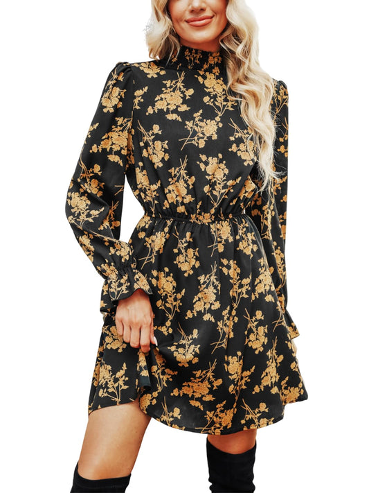 CUPSHE Women Mock Neck Floral Smocked Waist Mini Dress