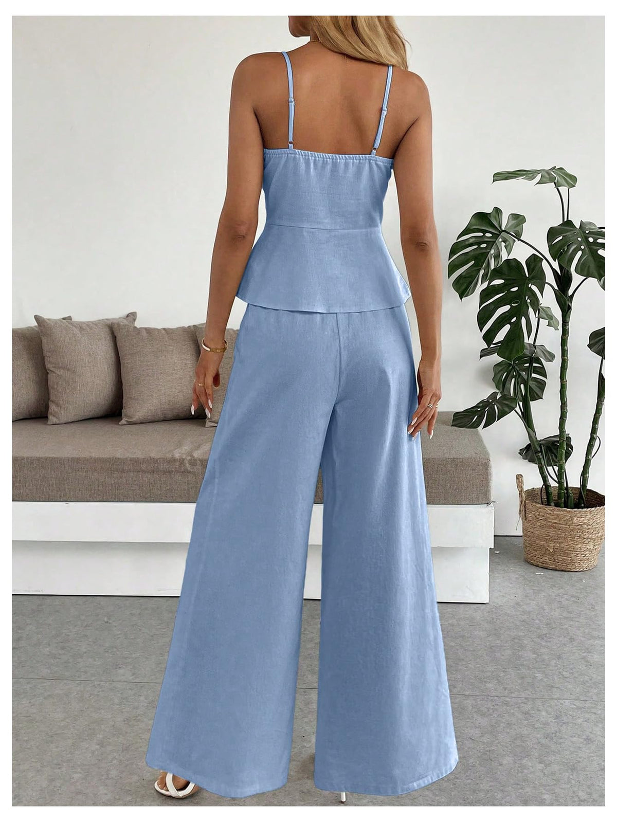 SOLY HUX Women's 2 Piece Outfit Button Down Peplum Cami Wide Leg Pants Set