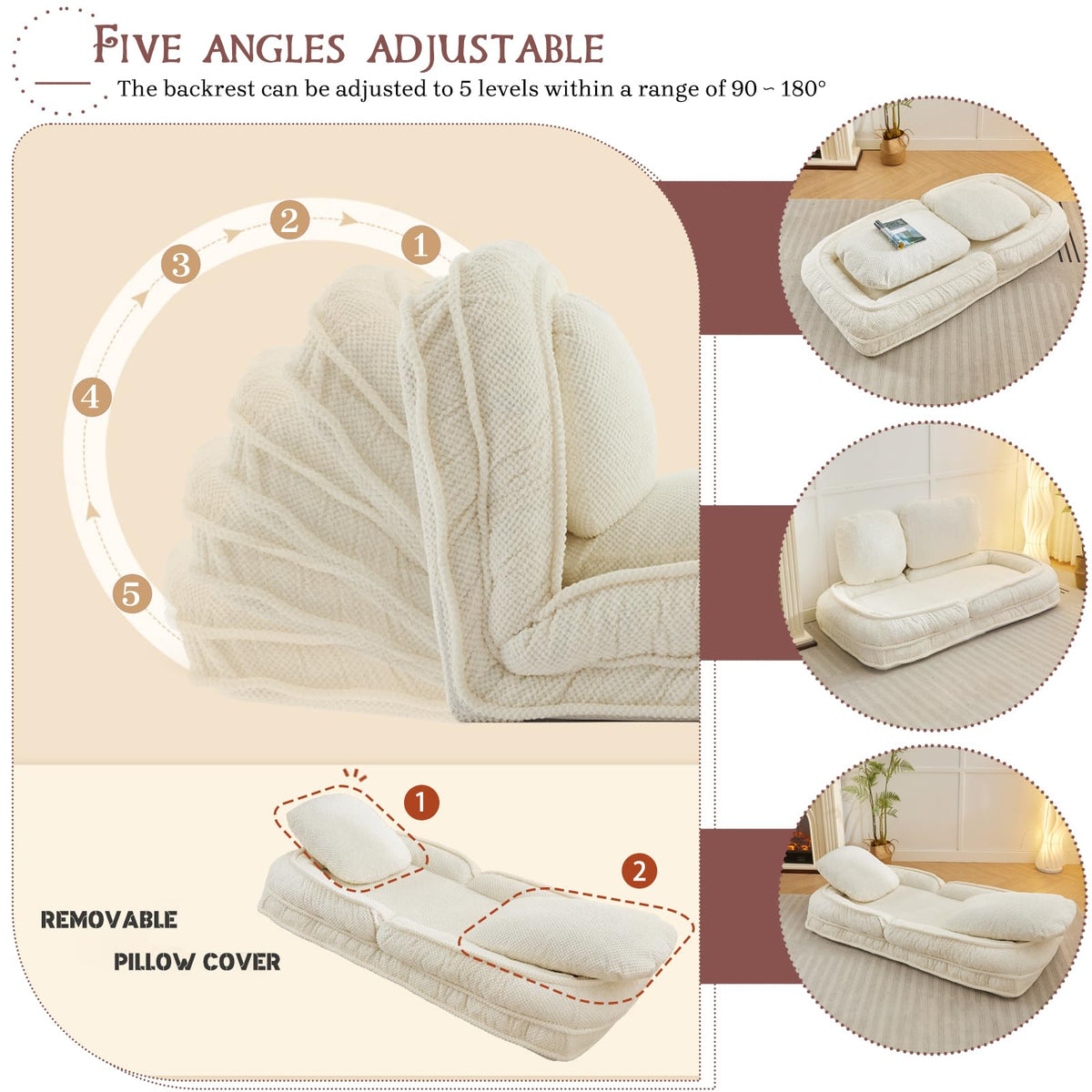 Upholstered Convertible Lounge Chair with 2 Soft Pillows