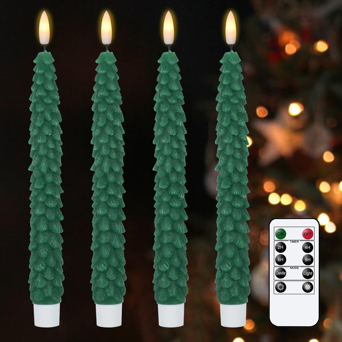 Green Christmas Tree Flameless Taper Candles Battery Operated Remote Timer