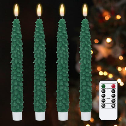 Green Christmas Tree Flameless Taper Candles Battery Operated Remote Timer