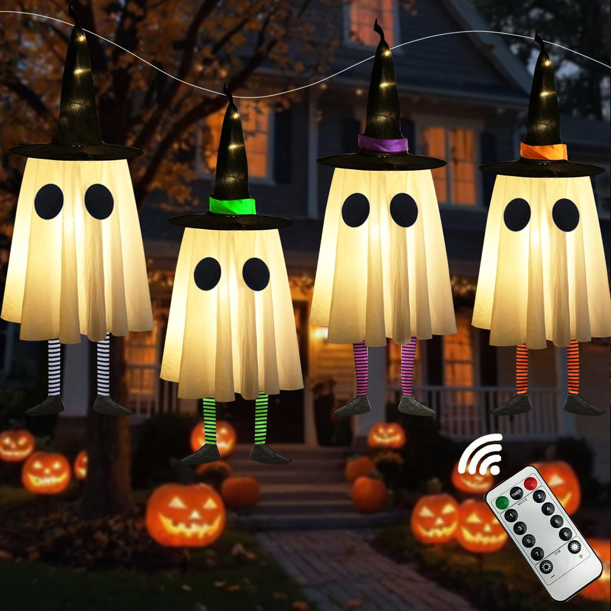 Set of 4 Halloween Hanging Ghosts, Halloween Decorations Outdoor Hanging Ghosts with Witch Hat,glowing Ghost Witch Hat Lights, Light Up Ghost Decor for Yard Patio Garden Tree Outside(4 Ghost Lighted)