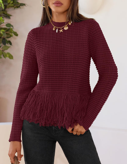 MEROKEETY Women's Fall Fashion Crochet Fringe Sweater Tops Boho Pullover