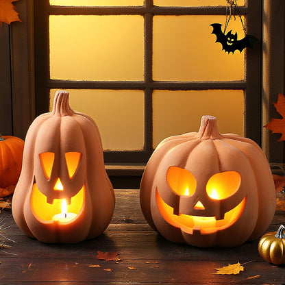 Tioncy 2 Pack Fall Decor Halloween Decorations Terracotta Pumpkin Decoration Handmade Clay Pumpkin Jack-O-Lantern Halloween Tealight Holder Rustic Farmhouse Fall Home Decor for Table(orange)