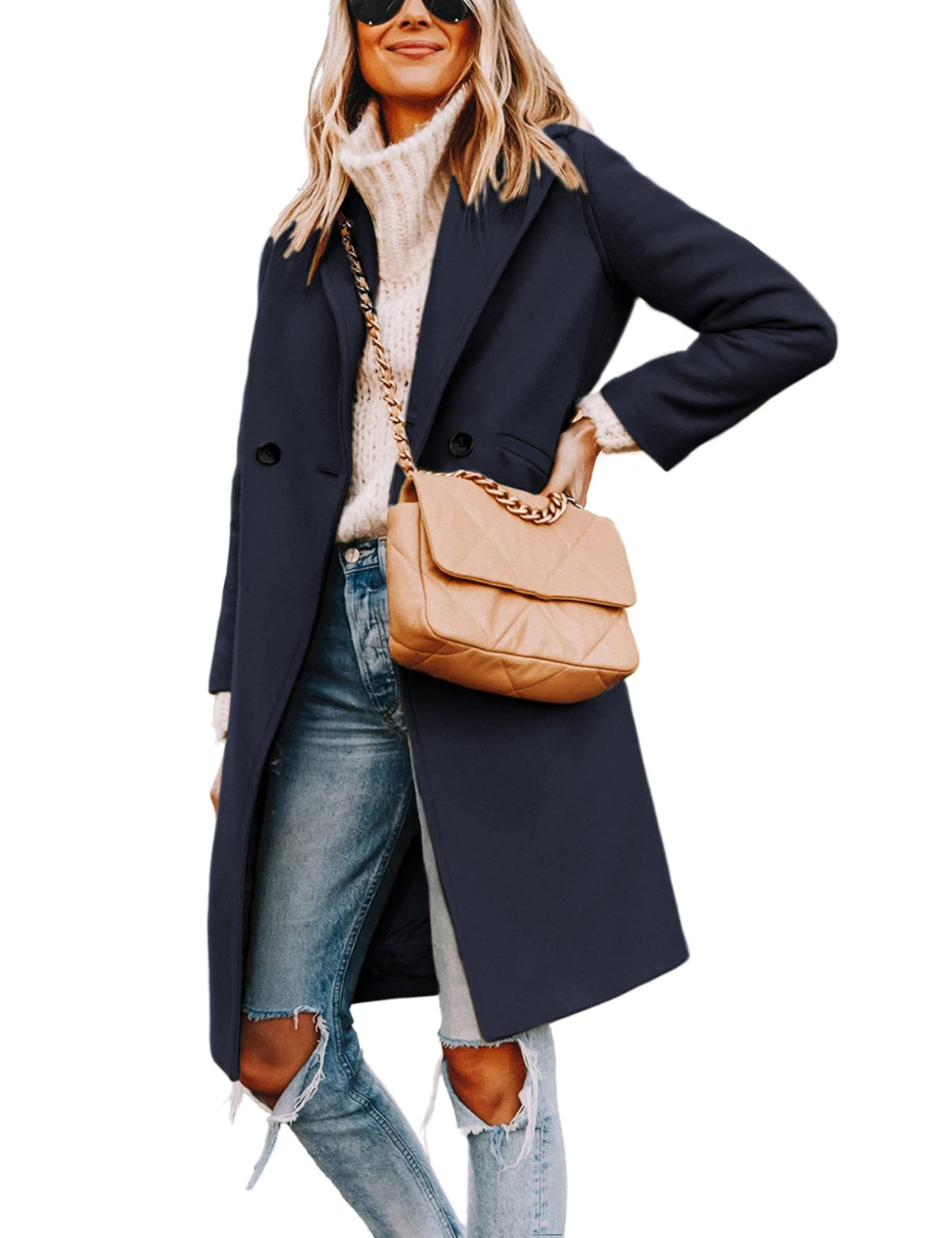 Women's Wool Coat Notch Lapel Double-Breasted Peacoat