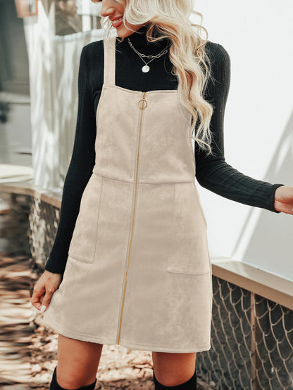 CUPSHE Faux Suede Mini Fall Dresses for Women Square Neck Pull Ring Zipper Front Pockets Wide Straps Casual Autumn Dress