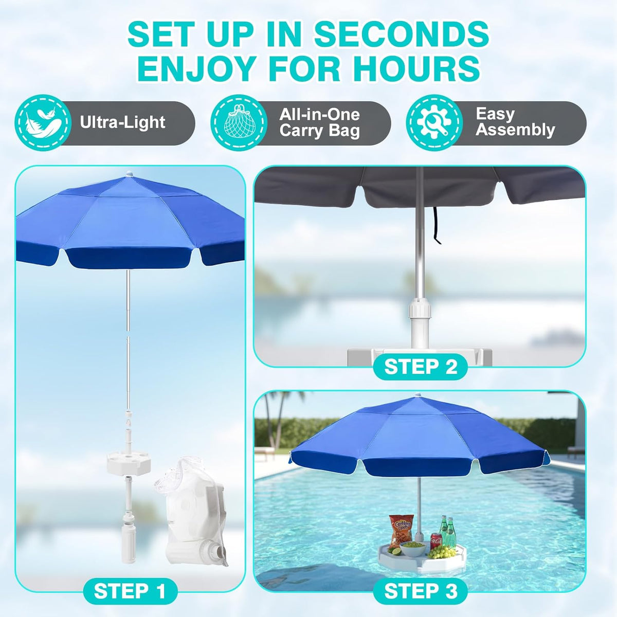 Outdoor Floating Umbrella for Inside of Pool with Weighted Base, 4 Cupholders Floating Table with Sun Shade, No-Tools Setup