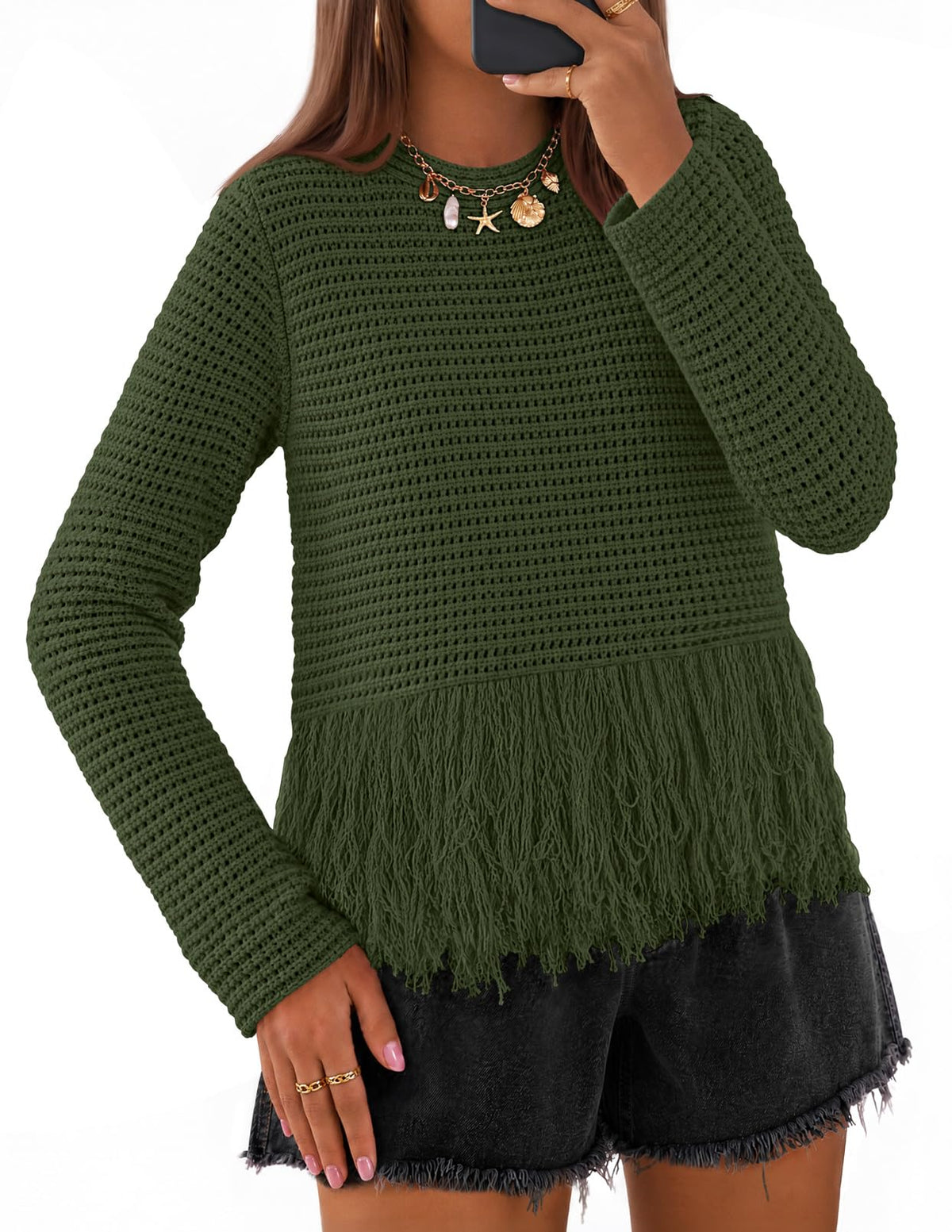 MEROKEETY Women's Fall Fashion Crochet Fringe Sweater Tops Boho Pullover