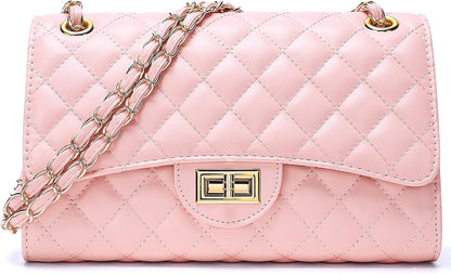 Quilted Leather Crossbody Bags for Women Trendy Ladies Shoulder Purse Satchel HandBag with Chain Strap