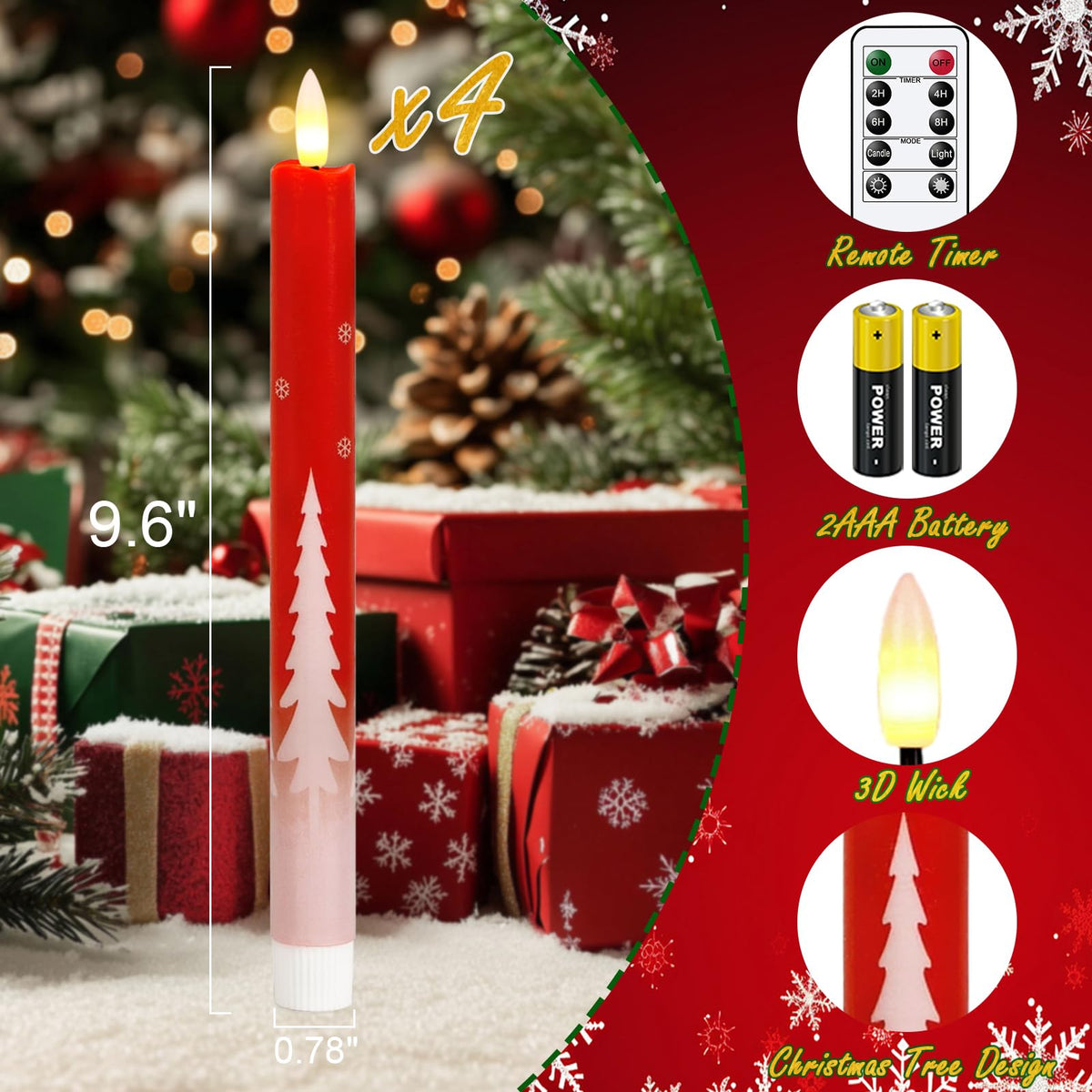 Green Christmas Tree Flameless Taper Candles Battery Operated Remote Timer