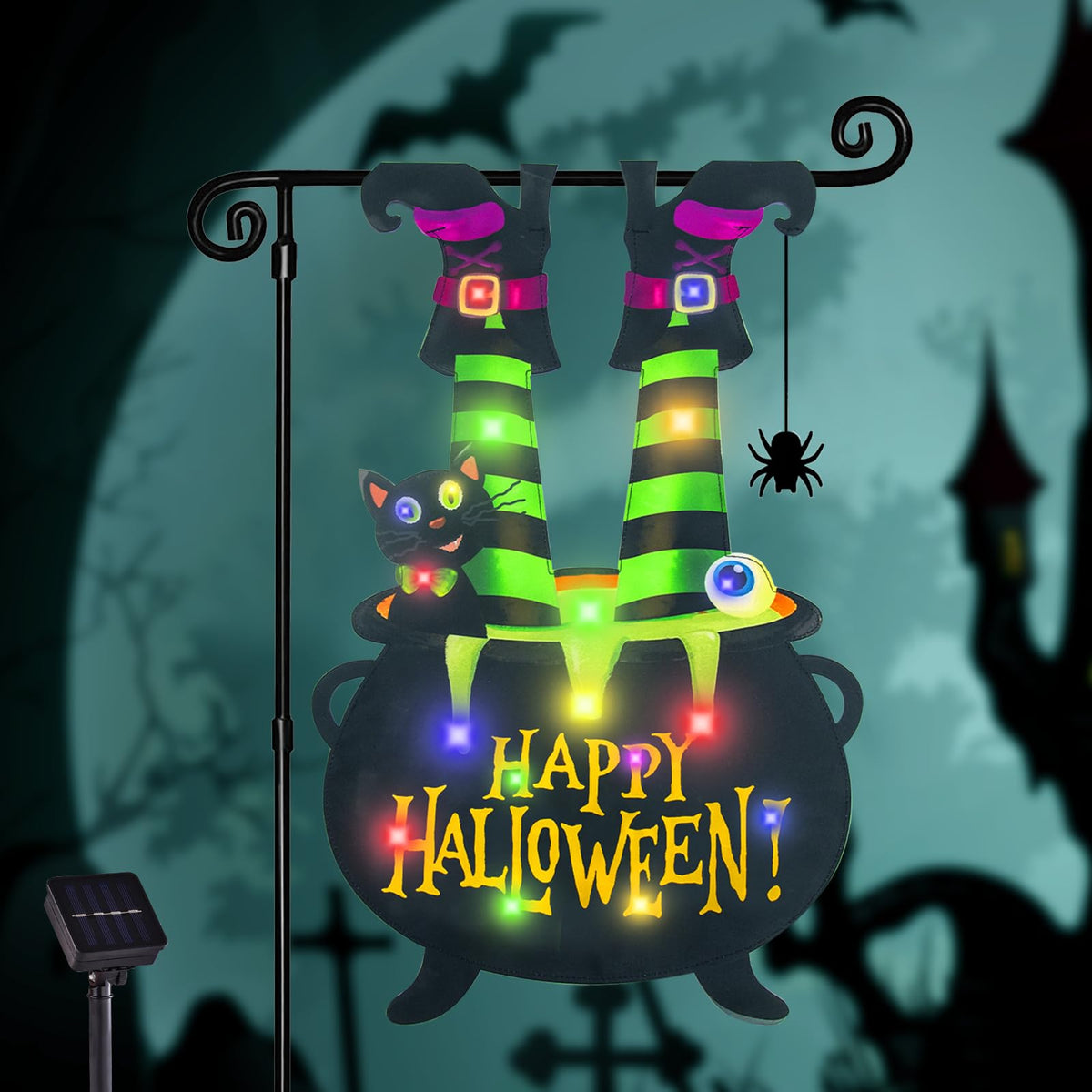 Halloween Lighted Garden Flag for Outside, LED Solar Yard Flag 8 Modes Witch Feet Shape Flag, 28x40 Double Sided Cauldron Eyeball Black Cat Decorations for Home Porch