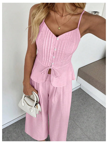 SOLY HUX Women's 2 Piece Outfit Button Down Peplum Cami Wide Leg Pants Set