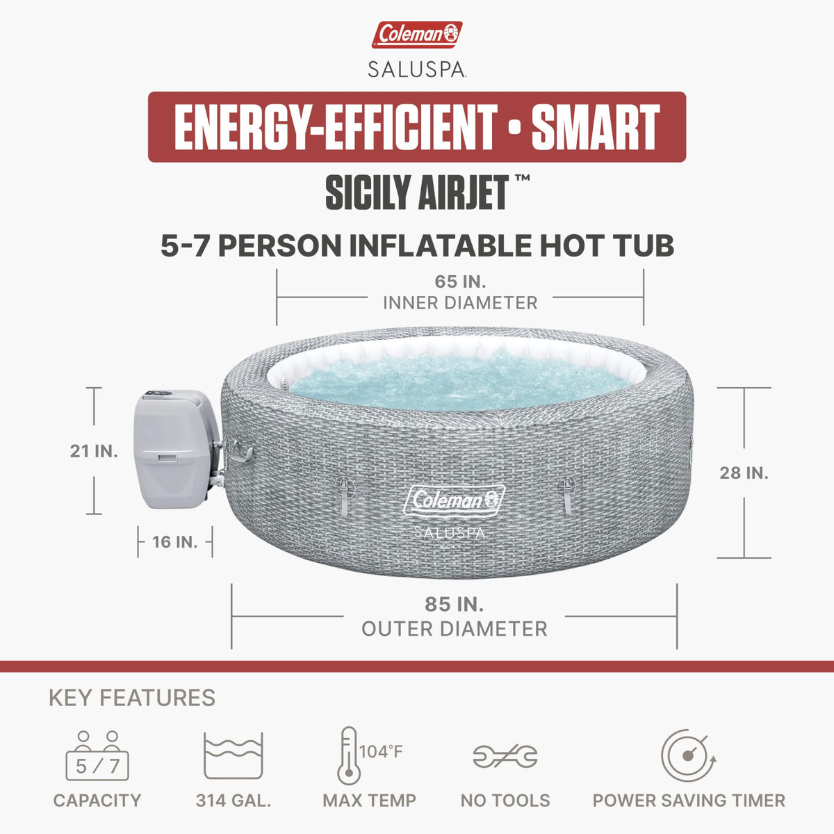 Coleman Sicily 5 to 7 Person Inflatable Hot Tub, Round Portable Outdoor Spa with 180 Airjets and Energysense Cover, Grey, 85" X 28"