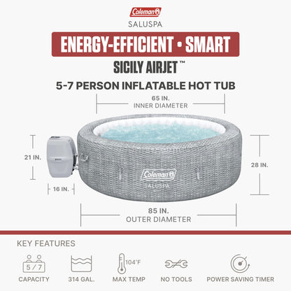Coleman Sicily 5 to 7 Person Inflatable Hot Tub, Round Portable Outdoor Spa with 180 Airjets and Energysense Cover, Grey, 85" X 28"