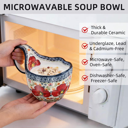 Alma Handpainted Microwavable Soup Bowl with Loop Handle 18.6Oz, Cereal Bowl with Handle