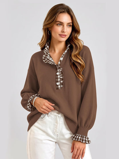 Ruffle Knit Collared Quarter Pullover