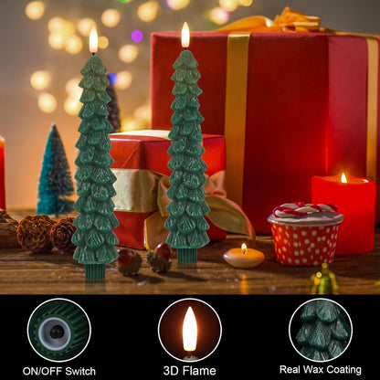 Green Christmas Tree Flameless Taper Candles Battery Operated Remote Timer