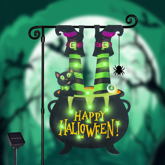 Halloween Lighted Garden Flag for Outside, LED Solar Yard Flag 8 Modes Witch Feet Shape Flag, 28x40 Double Sided Cauldron Eyeball Black Cat Decorations for Home Porch