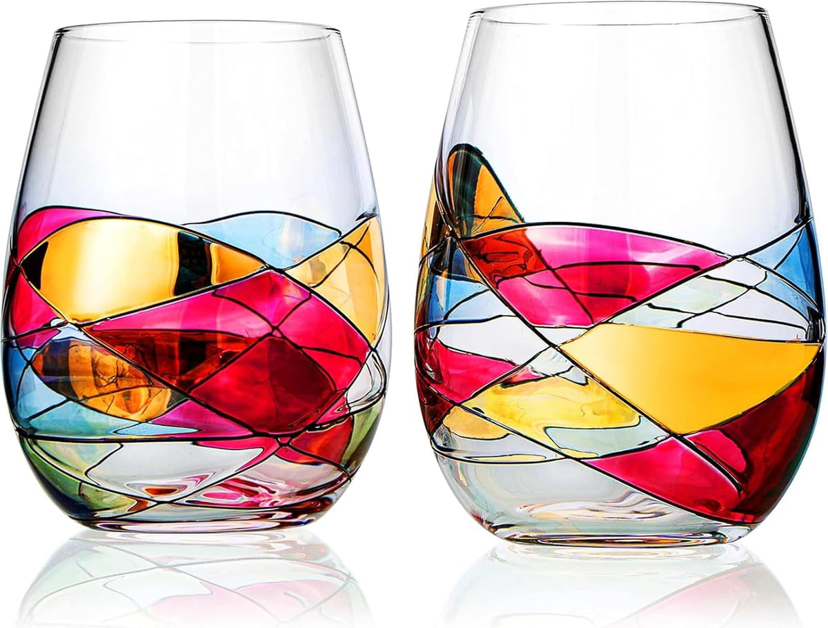 Artisanal Hand Painted Stemless Wine Glasses