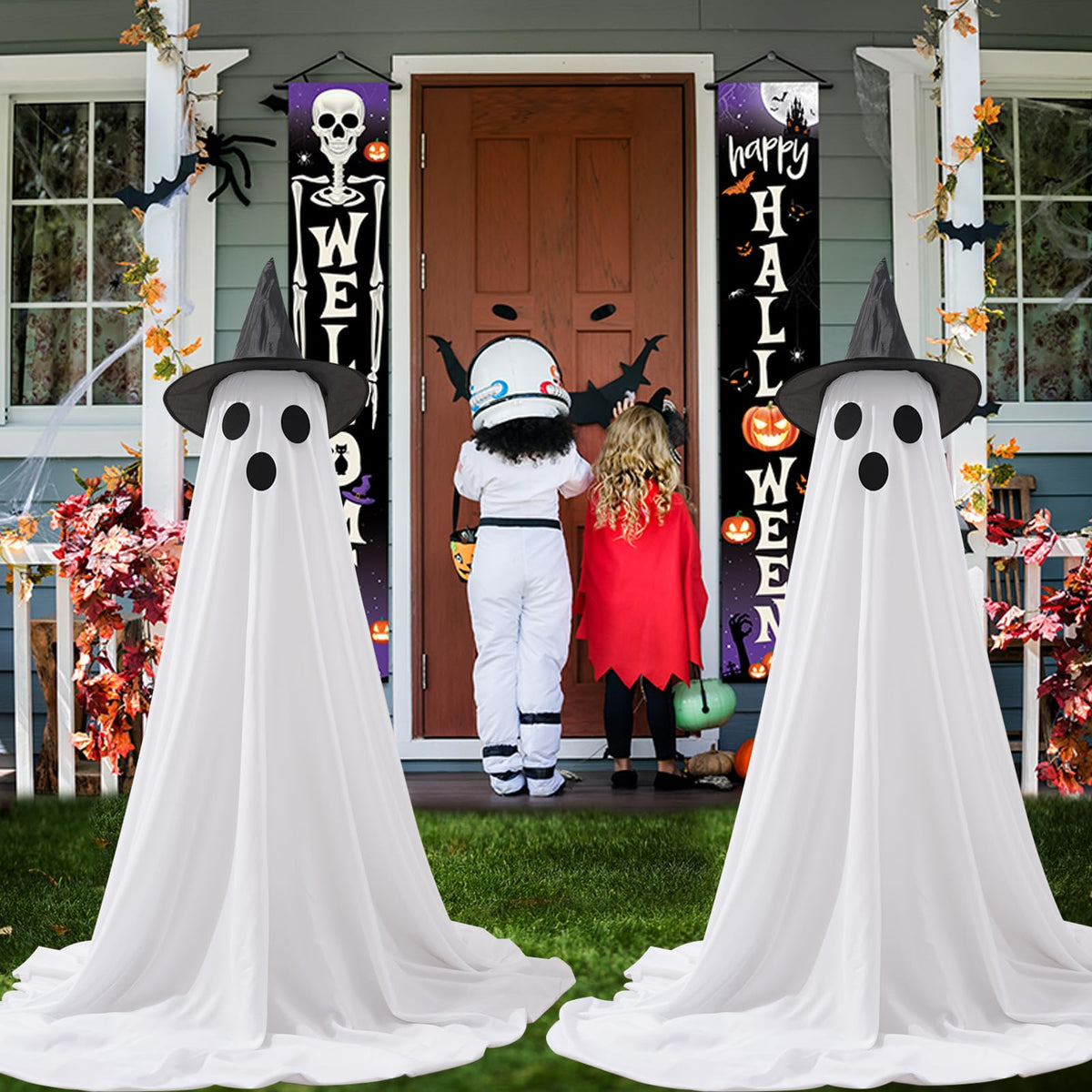 Set of 4 Halloween Hanging Ghosts, Halloween Decorations Outdoor Hanging Ghosts with Witch Hat,glowing Ghost Witch Hat Lights, Light Up Ghost Decor for Yard Patio Garden Tree Outside(4 Ghost Lighted)