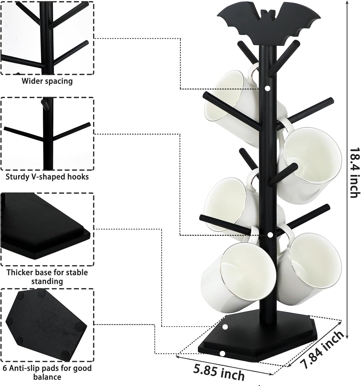 Bat Mug Holder Tree - 8 Hooks Rack for Gothic Home Decor - Wood Mug Tree for Countertop - Cup Holder for Halloween Kitchen Organizer & Coffee Bar Accessories