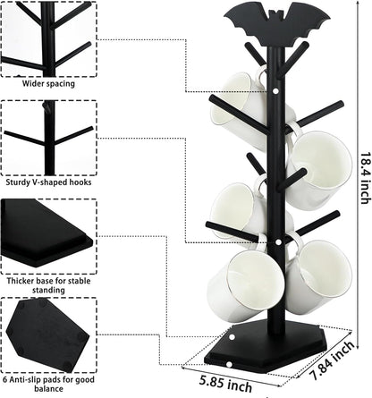 Bat Mug Holder Tree - 8 Hooks Rack for Gothic Home Decor - Wood Mug Tree for Countertop - Cup Holder for Halloween Kitchen Organizer & Coffee Bar Accessories