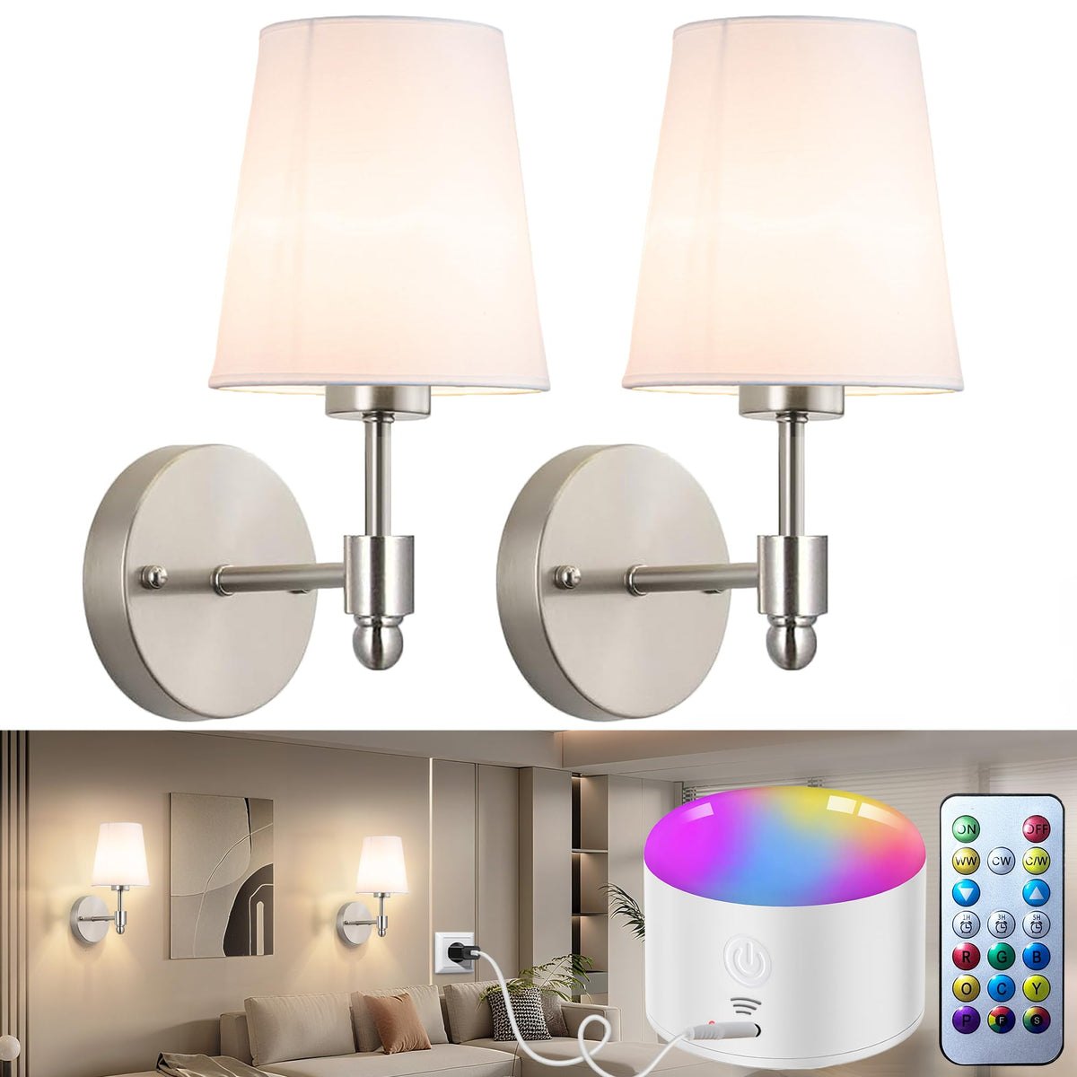 Yhcdlamp Battery Operated Wall Sconce Light with Remote Control, Dimmable Wall Sconce Set of 2