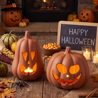 Tioncy 2 Pack Fall Decor Halloween Decorations Terracotta Pumpkin Decoration Handmade Clay Pumpkin Jack-O-Lantern Halloween Tealight Holder Rustic Farmhouse Fall Home Decor for Table(orange)