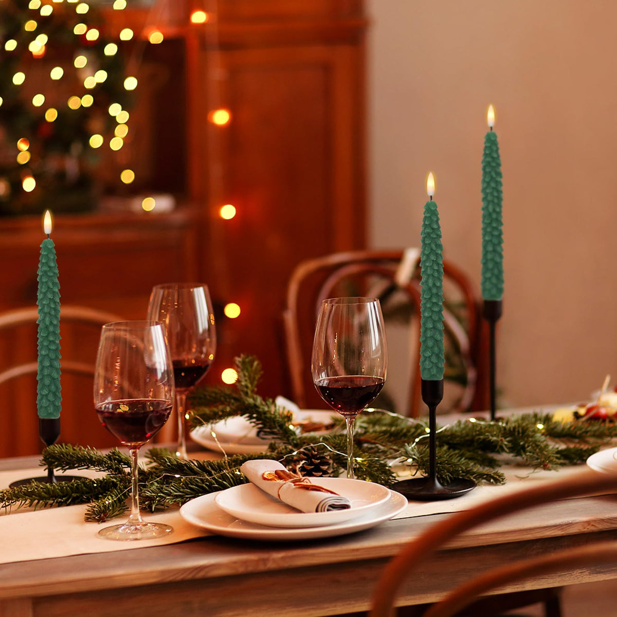Green Christmas Tree Flameless Taper Candles Battery Operated Remote Timer