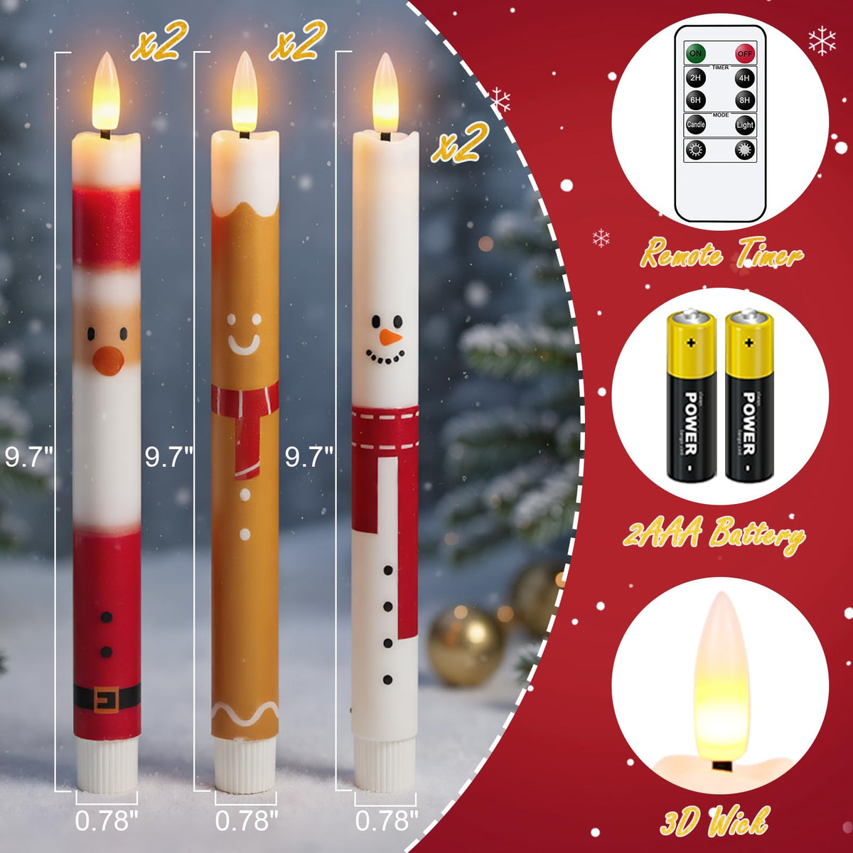Green Christmas Tree Flameless Taper Candles Battery Operated Remote Timer