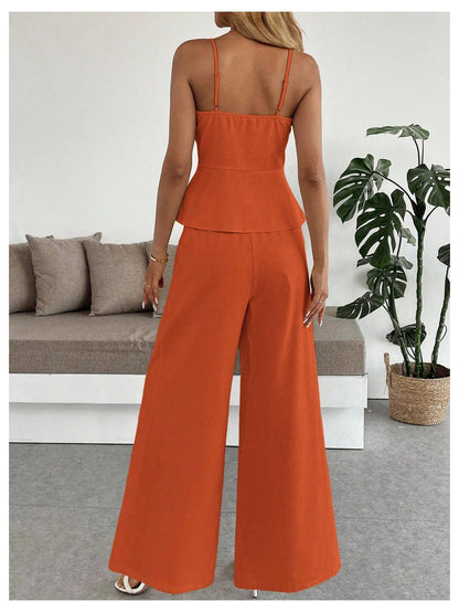 SOLY HUX Women's 2 Piece Outfit Button Down Peplum Cami Wide Leg Pants Set